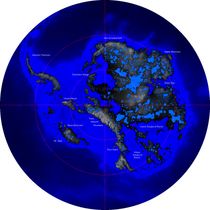 Antarctica without its ice-shield. This map does not consider that sea level would rise because of the melted ice, nor that the landmass would rise by several hundred meters over a few tens of thousands of years after the weight of the ice was no longer depressing the landmass.