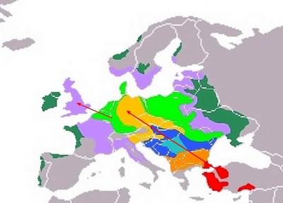 Die Ausbreitung der Art seit 1900     rot: Verbreitung der stark migrierenden Vgel um 1900  orange: Verbreitung bis 1928  cyan: Vorstokeil bis 1938  blau: 1946: Ausbreitung entlang der Adriakste und Keil bis nach Oststerreich und Mitteltschechien. Auffllung der sdstlichen Gebiete  gelb: 1949: Erreichen der Nordseekste; starke Populationszuwchse im Westen und Sdwesten  hellgrn: 1957: Dnemark und vereinzelt Sdschweden werden erreicht. Ebenso flchendeckend die Niederlande und Belgien. Im Osten wird Ostpolen bis an die Ostseekste besiedelt; die sdstlichen Gebiete werden weiter aufgefllt. violett: 1963: Grobritannien, und Sdskandinavien werden erreicht. Gleichzeitig groe Arealausweitungen im Osten und Westen.  dunkelgrn: 1973: Die britannischen und nordwestfranzsischen Tauben erreichen Irland. 
