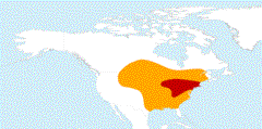 reas originales de anidacin (rojo) e invernada (amarillo) de la paloma migratoria.